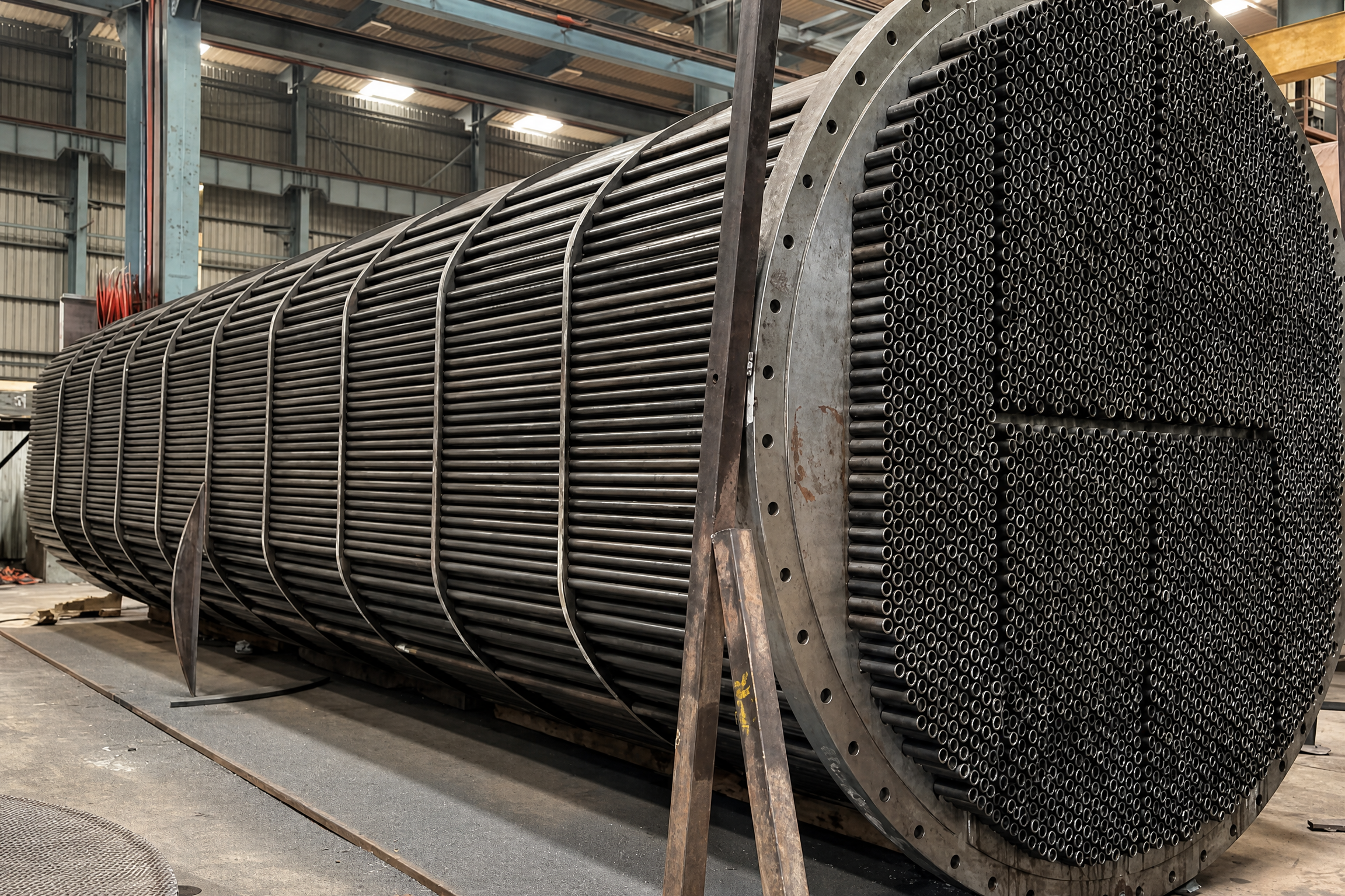 Large industrial tube bundle with a dense circular tube sheet inside a workshop