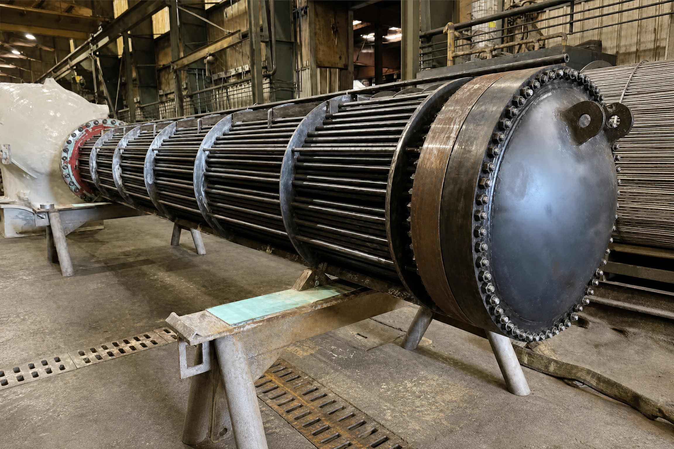 Long shell-and-tube heat exchanger bundle supported inside an industrial workshop